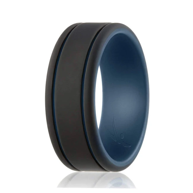ROQ Silicone Ring - Duo Collection 2 Thin Lines - Blue-Black By ROQ For Men - 12 Mm Ring 1 ROQ Silicone Ring - Duo Collection 2 Thin Lines - Blue-Black By ROQ For Men - 12 Mm Ring